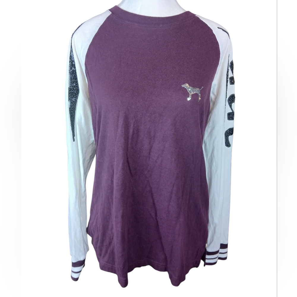 🍂 PINK Purple White Long Sleeve Raglan Shirt With Black Sequins XtraSmall